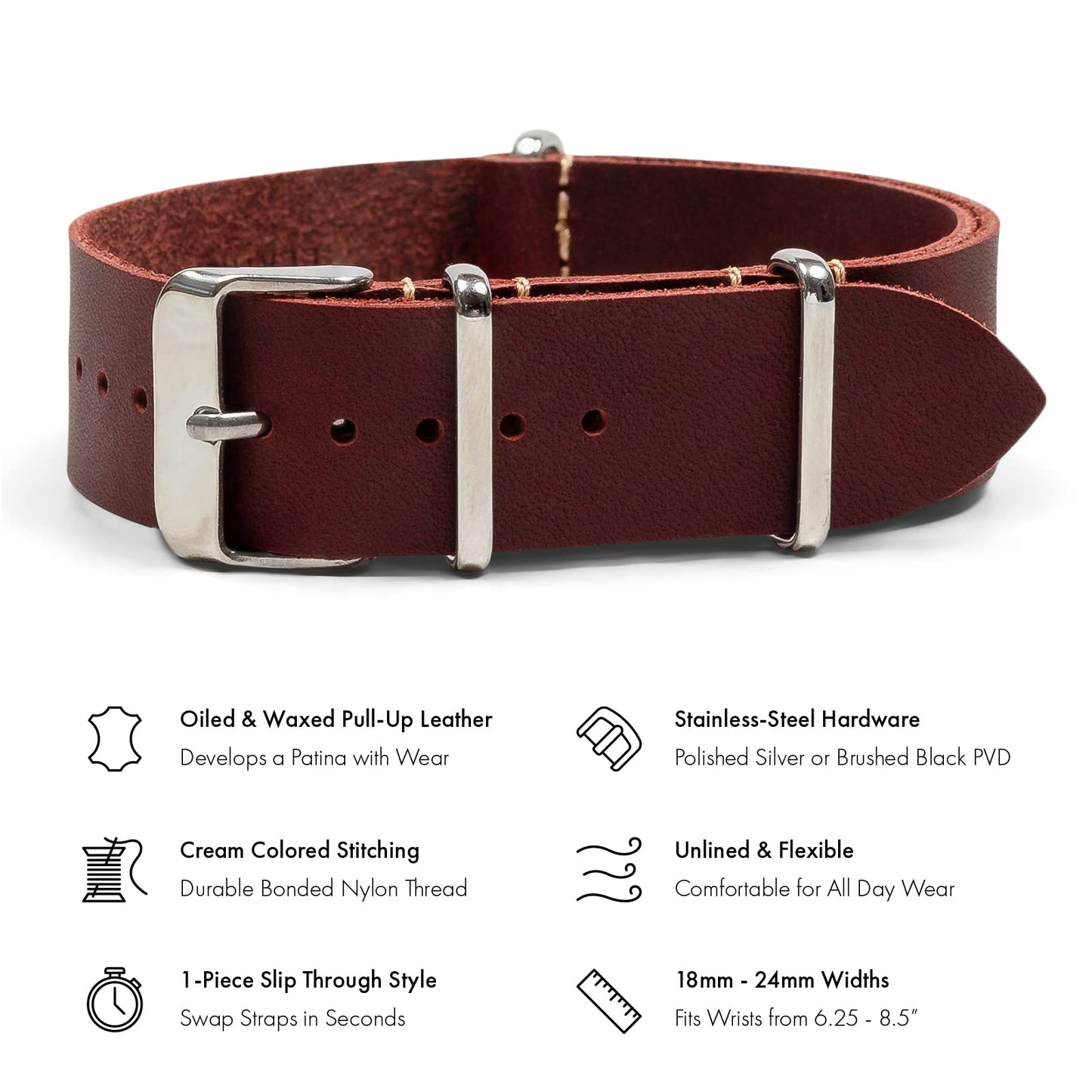 Benchmark Basics Leather Watch Band - Crazy Horse Oiled Leather One-Piece Watch Straps for Men & Women - 20mm, Oxblood