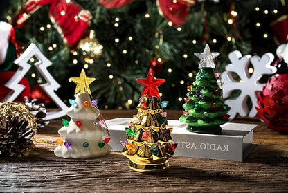 B SEPOR Set of 3 Mini 4.5" Inch Nostalgic LED Ceramic Christmas Tree with Lights Xmas Tree That Light Up Hanging Ornaments White Golden Green Assorted for Holiday Decoration and Gifts