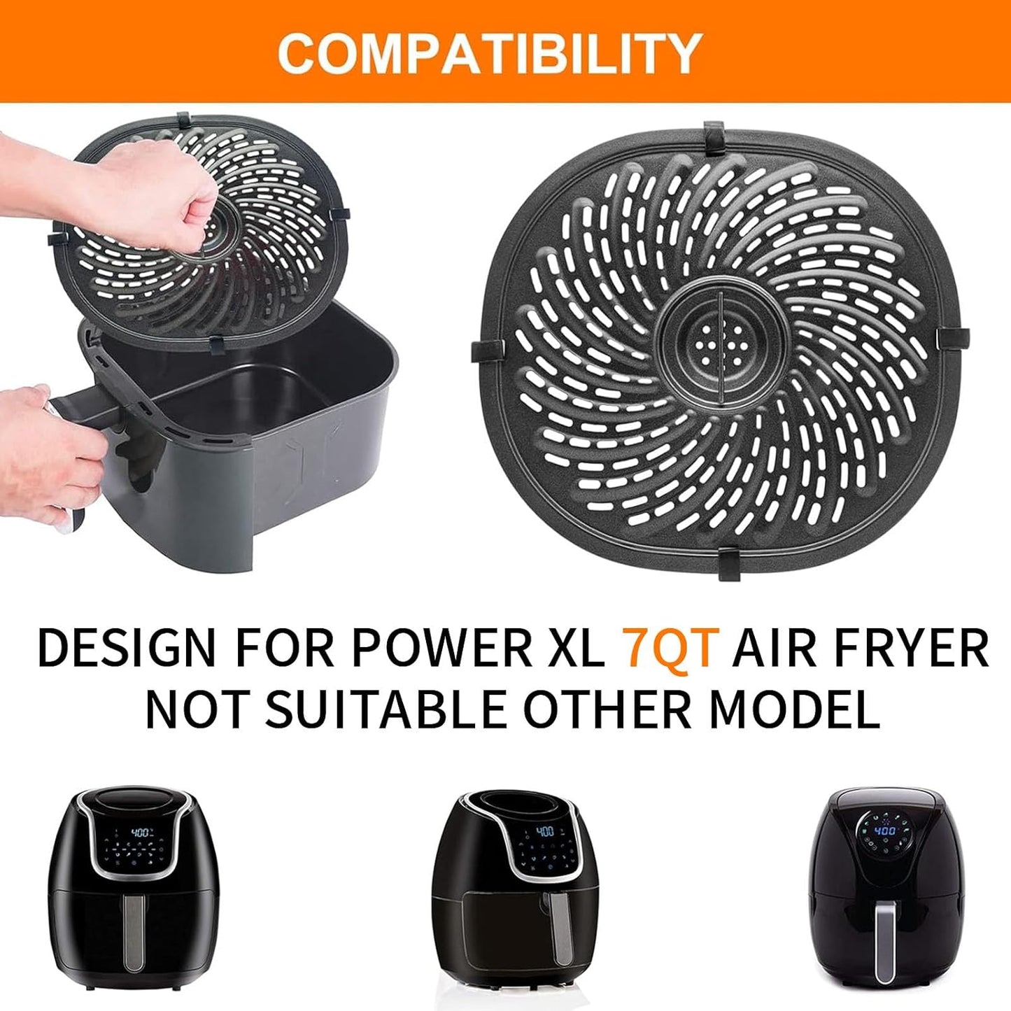 Replacement Parts for PowerXL Vortex 7 QT Air Fryer, Oval 10.3''*9.5'' Food Grade Stainless Steel Air Fryer Accessories Grill Pan Grill Plate Crisper Plate Tray Rack with Rubber Bumpers