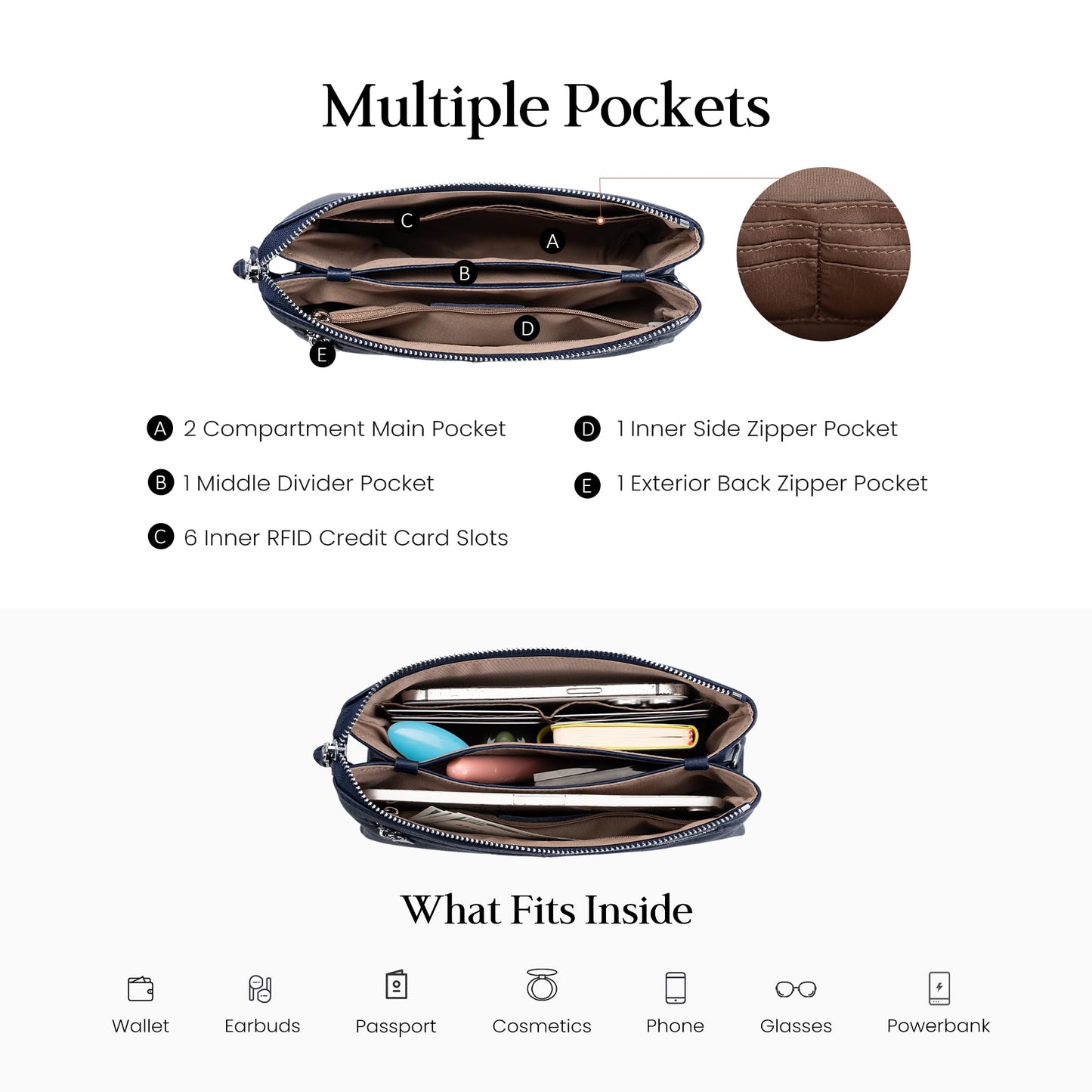 befen Genuine Leather Crossbody Bag for Women, Small Leather Crossbody Purse with RFID Card Slots and Adjustable Strap for Travel- Navy