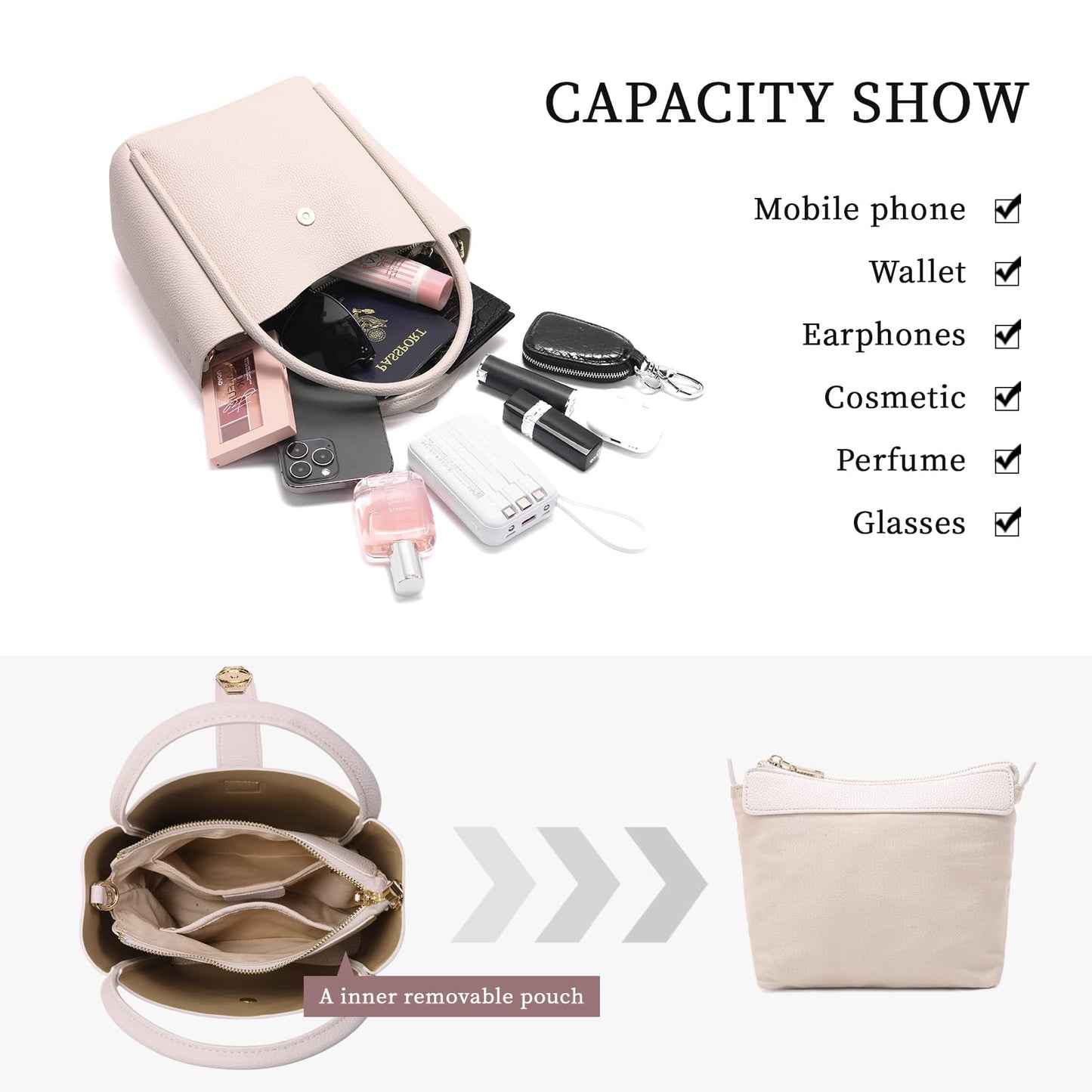 hedexe Leather Bucket Bags for Women: Designer Genuine Leather Tote Shoulder Purse - Fashion Ladies Satchel Handbag (Beige)