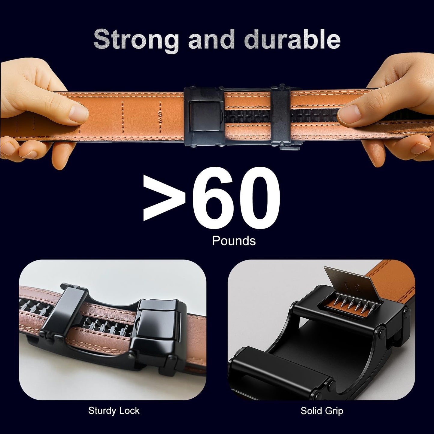 Fiwnieu Men's Ratchet Belt with No-Hole Slide Buckle - Easy Size Adjustment Genuine Leather Belt for Men, Dress & Casual Comfort (Choose Size)