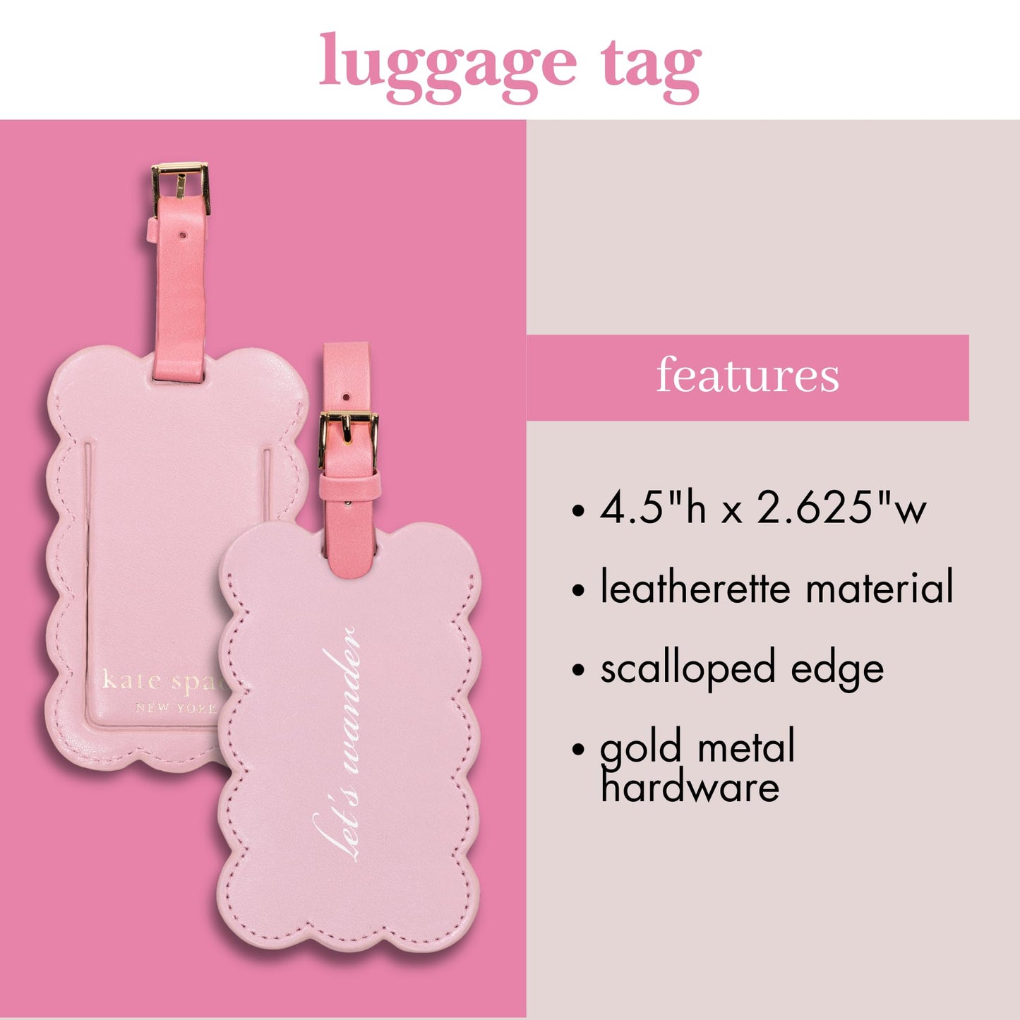 Kate Spade New York Cute Pink Luggage Tag for Women, Durable Vegan Leather Suitcase Tag, Unique Luggage Identifier with Scallop Edge, Let's Wander