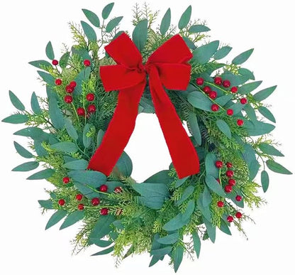 20 Inch Christmas Wreath for Front Door,Artificial Realistic Green Leaves with Red Bow, Used for Window, Wall, Porch, and Other Indoor and Outdoor Home Decorations