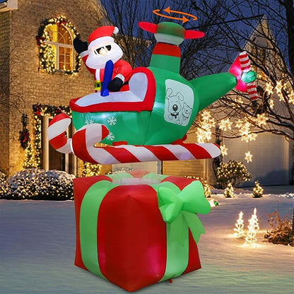 Juegoal Christmas Inflatables Outdoor Decorations, 6FT Inflatable Xmas Santa Claus with Helicopter on Gift Box, Lighted Blow Up Santa Flying Airplane, Built in Light for Holiday Lawn Yard Garden Decor