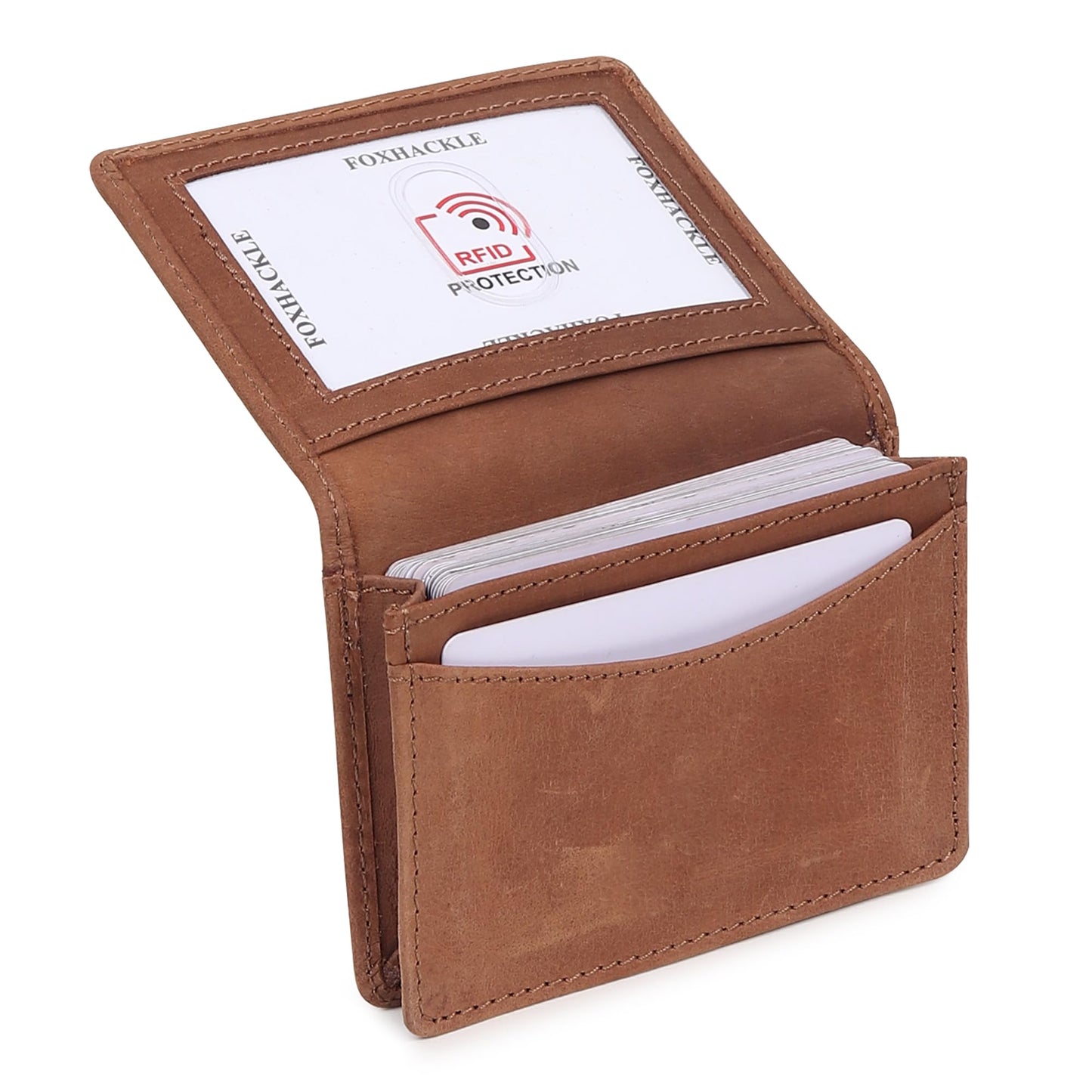 FOXHACKLE Full Grain Leather Credit Card Holder For Men and Women, Small RFID Blocking Bifold Wallet (With ID Slot, Hunter Tan)