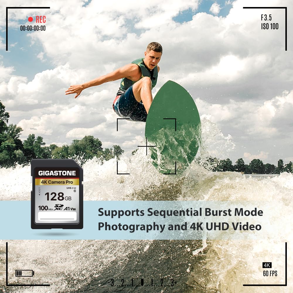 【5-Years Data Recovery】 GIGASTONE 128GB SD Card, 4K Camera Pro, UHS-I A1 V30 U3 Class 10 SDXC Memory Card 4K UHD Video Compatible with Digital Camera, Full-Sized SD Card, with 1 Mini Case