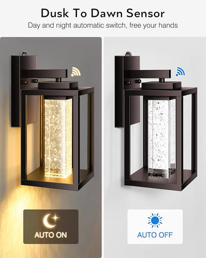 VIANIS 2 Pack Porch Lights Outdoor, Oil Rubbed Bronze Dawn to Dusk Exterior Lighting Fixtures for House, Farmhouse Outside Garage Lights Wall Mount Built-in LED Outdoor Wall Sconces Lantern, Anti-Rust