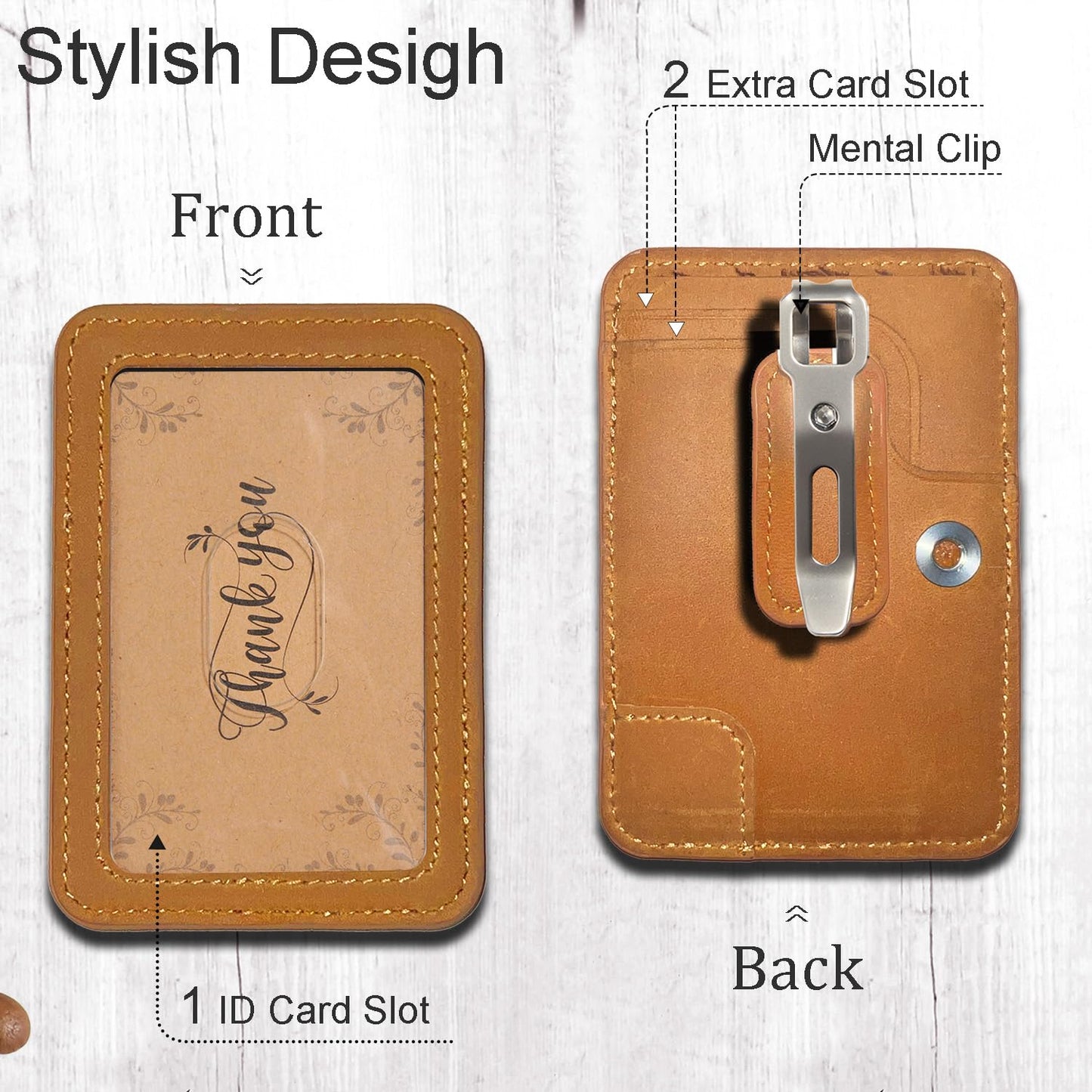 1 Pc LeeFirst Leather ID Badge Holder with Neck Lanyard, Durable ID Card Holder with Detachable Mental Clip for Men Women, Clear Window, 3 Card Slots, Leather Lanyard for Work, School, Golden-Brown