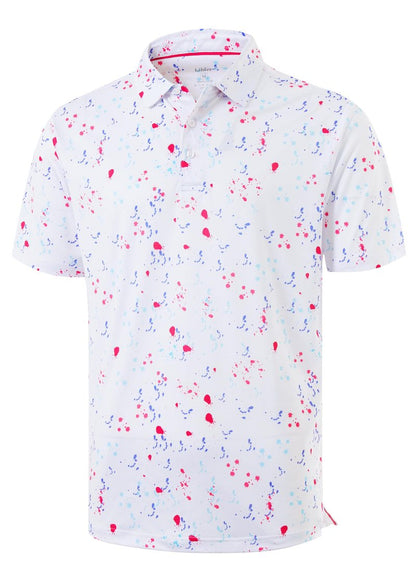 Libin Golf Shirts for Men Short Sleeve Quick Dry Performance Moisture Wicking Print Collared Polo Shirts Casual Business, White Colorful Dots, Large