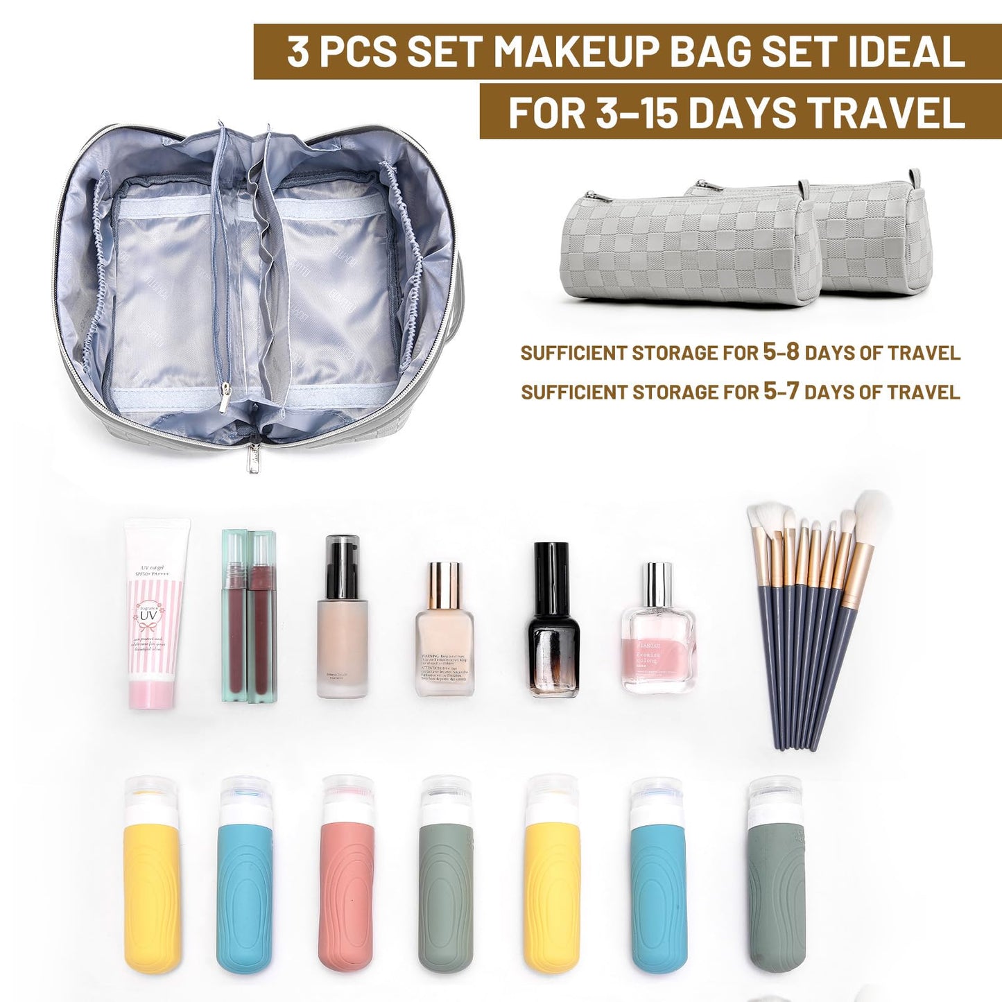 BOYATU Travel Makeup Bag Organizer: 3 Pcs Set Large Capacity Cosmetic Bags Holds 10–20 100ml Full-Size Bottles - 180°Open-Flat Make up Case 3-sec touch-up - Toiletry Bag Gift women (03-A-Gray)