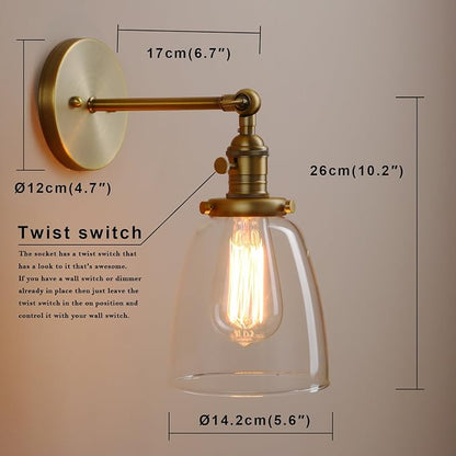Pathson Loft Vintage Wall Light Dia 5.6" Wall Lamp with Oval Clear Glass Shade Design Vintage Industrial Home Wall Light Metal Base Cap Fixture Flush Mount Wall Sconce Lights (Brass)