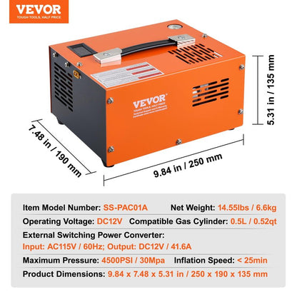 VEVOR PCP Air Compressor, 4500PSI/30Mpa Portable PCP Airgun Compressor with External Converter, DC12V, AC115V | Oil & Water-Free | Manual-Stop Air Rifle, Paintball and Scuba Tank Compressor Pump