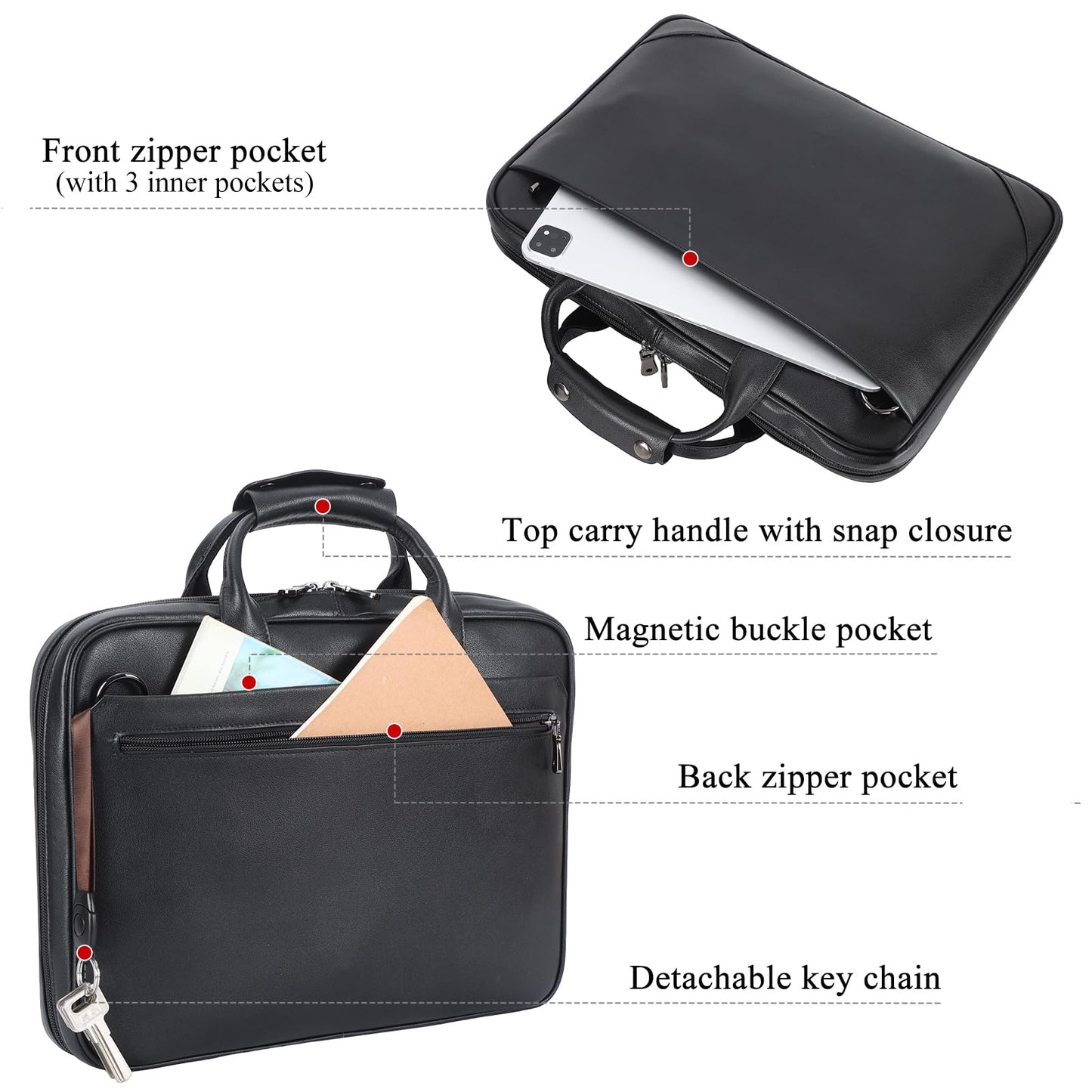 Masa Kawa Black Leather Slim Briefcase 14 Inch Laptop Bag for Men Crossbody Shoulder Messenger Computer Bags Attache Case for Business Work Lawyer