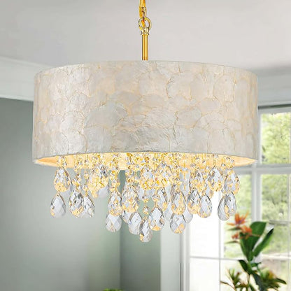 4-Lights Drum Capiz Shell Crystal Chandeliers, Coastal Style Pendant Light Fixture for Dining Room, Living Room, D16 x 20~67"(Adjustable), Shell Lampshade & Gold Finish
