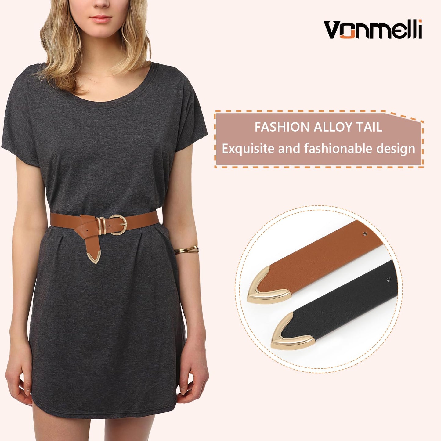 VONMELLI 2 Pack Women's Leather Belts for Jeans Pants Fashion Gold Buckle Ladies Belt Black Brown, M