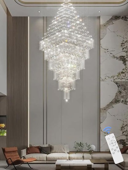 Flashing God D48''X H120'' Extra Large Chandeliers for High Ceilings Square Crystal Raindrop Gold Chandeliers Large Villa Chandelier Entrance Foyer Ceiling Light LED Dimmable 2700K-6000K