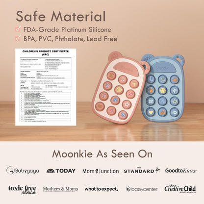 Moonkie Silicone Press Phone Teething Toy for Baby 3 Months+ | Soft BPA-Free Teether with Icon & Number Pop Bubbles | Ideal Gift for Baby Girls