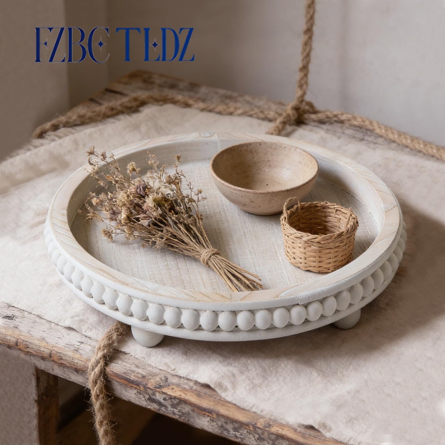 Decorative Coffee Table Tray, 12 Inch White Washed Wooden Beaded Tray with Removable Legs, Rustic Farmhouse Centerpiece Tray for Living Room, Kitchen Counter Decor