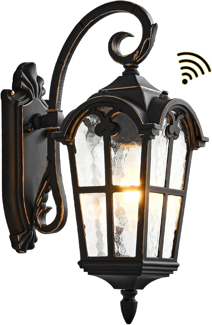 Dusk to Dawn Outdoor Wall Lights 17.1" H Exterior Lighting Fixtures Black Porch Light Waterproof Roman Wall Lantern with Water Ripple Glass for House Garage Patio