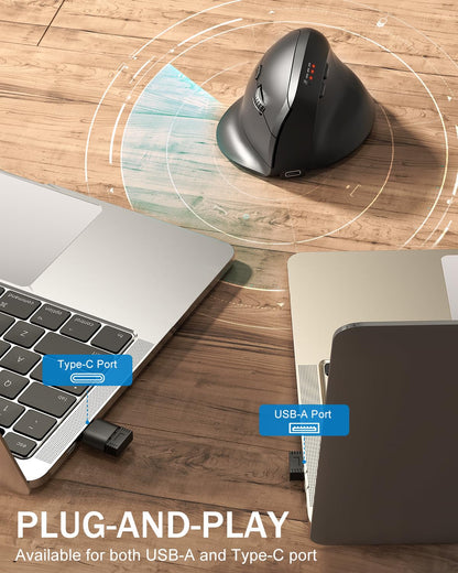 Bluetooth and 2.4GHz Ergonomic Mice, 2 in 1 Wireless Mouse with 3 DPI Levels, Rechargeable Computer Mouse with USB Receiver and Type C Adapter for Laptop, Desktop, Windows, Mac OS, Black