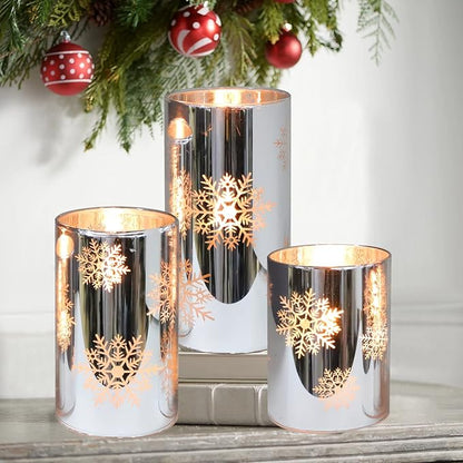 Christmas Flameless Candles Snowflake Electroplate Glass Candle Battery Candle with Timer Remote Realistic Pillar Candle for Xmas Home Decor Holiday Set of 3