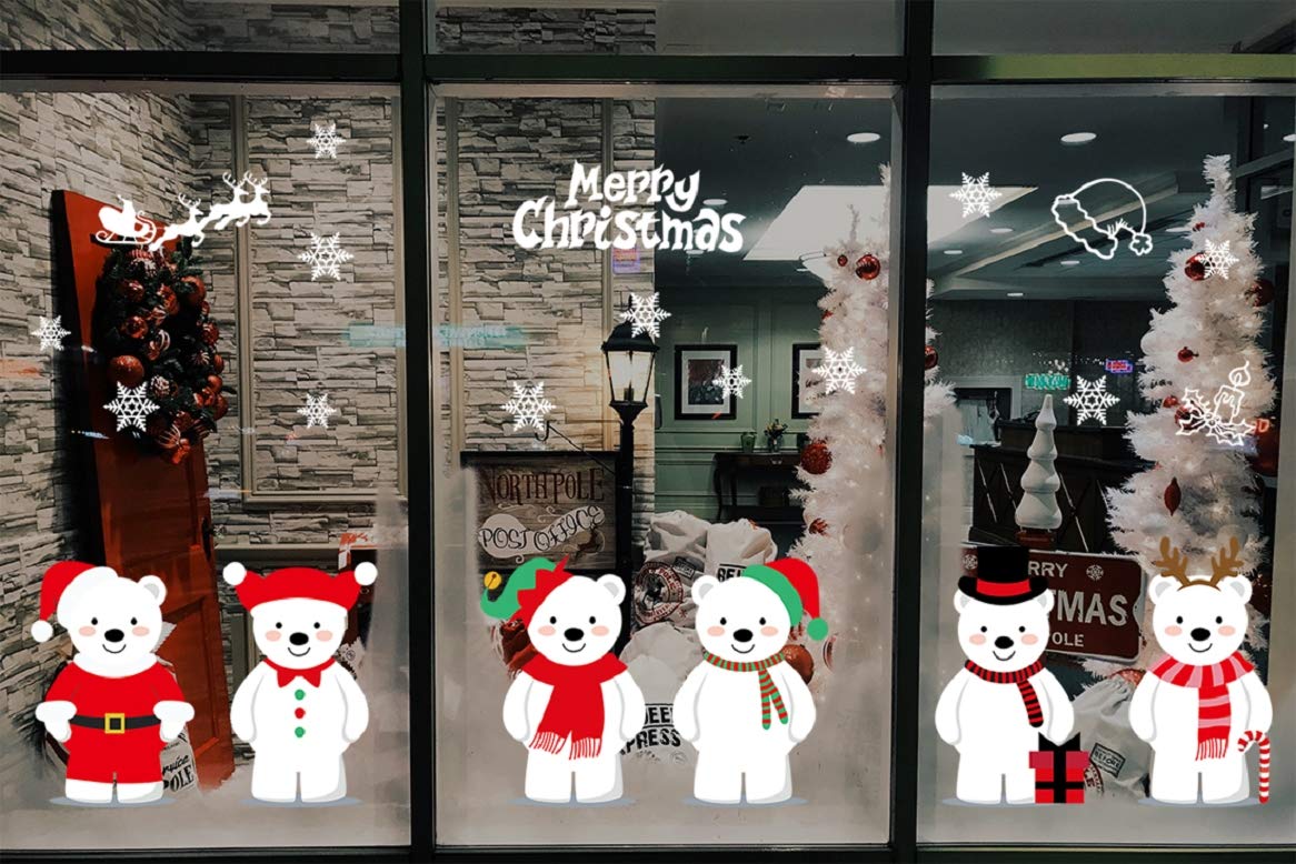 Yusongirl Christmas 6 Cute Bears Windows Stickers Decoration Snowflakes Bear Double Sided Electrostatic PVC Sticker Glass Door Fridge Showcase Window Clings Winter Holiday New Year Decals