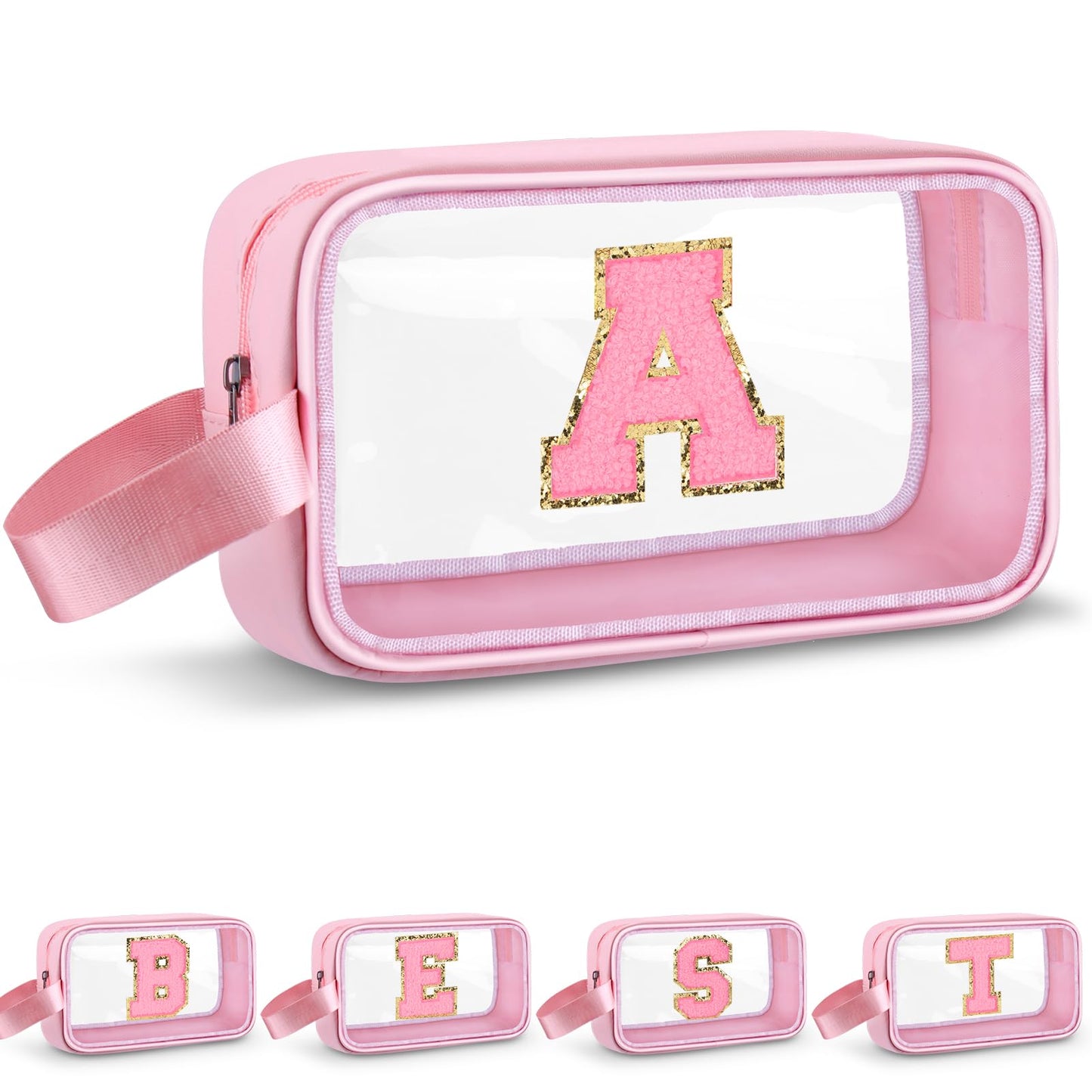 Vodolo Initial Makeup Bag,Letter A Cute Clear Monogrammed Cosmetic Travel Bag for Womens Girls,Personalized Pink Aesthetic Traveling Make Up Organizer Bag for Beach,Waterproof Toiletry Bag