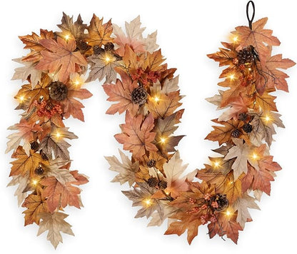 9 FT Fall Garland with Lights Timer Function Autumn Fall Leaves Garland with Berries Pine Cones Realistic Automatic ON/Off Timer Fall Decorations for Home Mantle Fireplace Porch Door Table