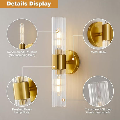 Bathroom Light Fixtures 2-Light, Modern Vanity Light for Bathroom, Wall Sconce, Bath Light with Glass Rods Shades for Mirror Bedroom Hallway (Brushed Brass)