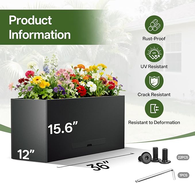 Metal Planter Box 36" x 12"x 16",Heavy-duty Galvanized Steel Outdoor Planter with Removable Built-in shelf and Drainage Holes,Rectangular Planter for Porches, Gardens, Patios, and Courtyards，Black