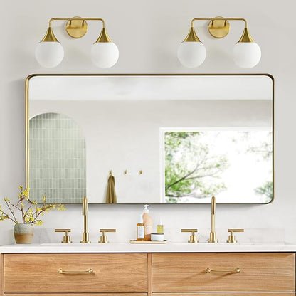 Bathroom Vanity Light Fixtures: 2-Light Mid Century Farmhouse Bathroom Lighting Fixtures Over Mirror - Brushed Gold Wall Sconce with Frosted Globe Glass for Hallway Restroom