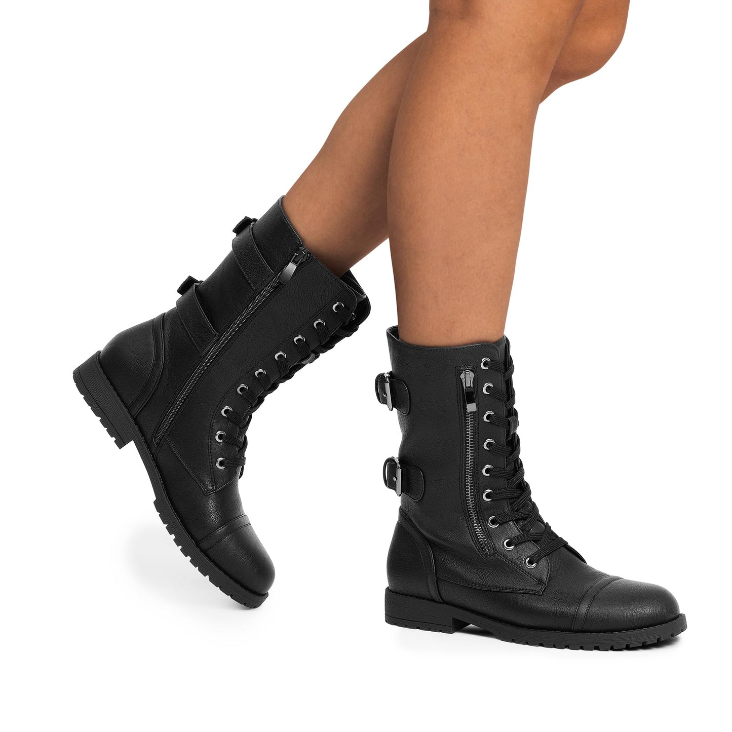 DREAM PAIRS Women's Combat Boots, Mid Calf Built-in Wallet Pocket Lace up Military Ankle Booties,Size 10,Classic Black,TERRAN