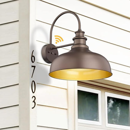 Bestshared 16 Inch Dome Large Dusk to Dawn Sensor Gooseneck Barn Light Farmhouse Outdoor Wall Sconce Industrial Exterior Wall Lighting Fixture, Outside Lantern Garage Lamp (ORB+Gold, 16” Dome-2Pack)