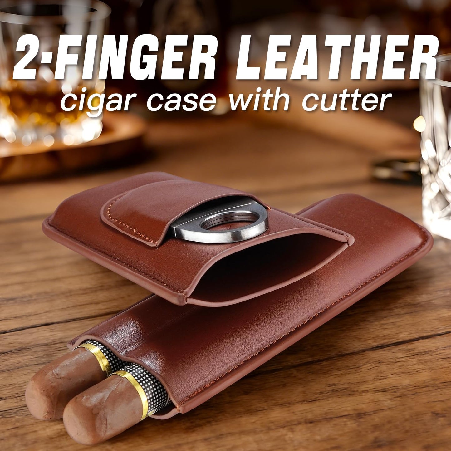 cgaplus 2-Finger Leather Cigar Case with Cutter Cedar Wood Lined Cigar Humidor Portable Travel Cigar Case(Brown)
