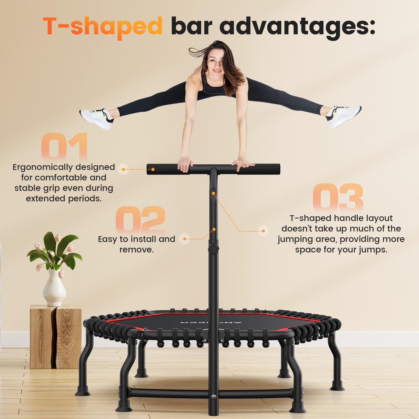ANCHEER 50" Rebounder Trampoline for Adults- 2025 Foldable Mini Trampoline with Bar- Exercise Trampoline for Adults, Max Load 560lbs, for Indoor/Garden Workout