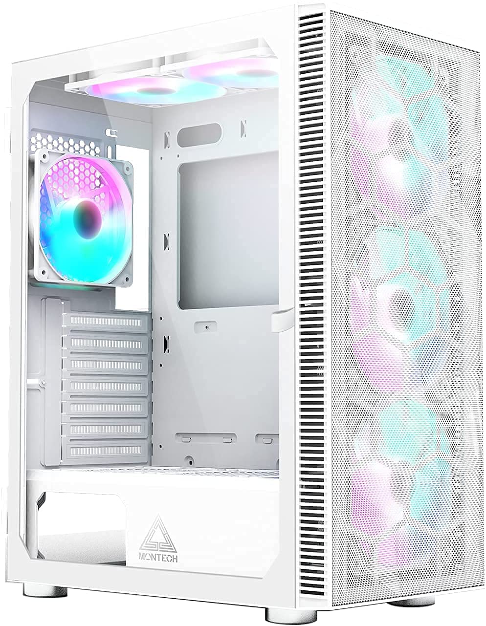 Montech X3 Mesh 6pcs, 3 x 140mm& 3 x 120mm Fixed RGB Lighting Fans ATX Mid-Tower PC Gaming Case, USB3.0, Door Open Tempered Glass Side Panel, High Airflow, White