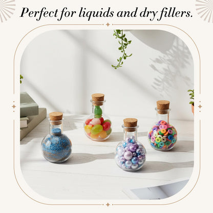 Bokon 25 Pack 1oz Plastic Mini Potion Bottles with Corks, Small Sand Art Jar Tiny Clear Liquor Bottles Bulk Wishing Vial for Birthday Halloween Valentines Party Favor DIY Craft (1.4x1.8 Inch,Round)