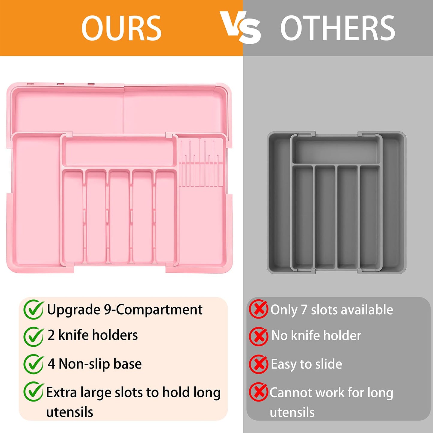 Homecor Silverware Organizer - Expandable Large Kitchen Drawer Organizer Utensil Organizer with 2 Removable Knife Blocks, 22"x 19"Cutlery Tray Drawer Dividers for Kitchen Flatware(6-9 Slots) (Black)