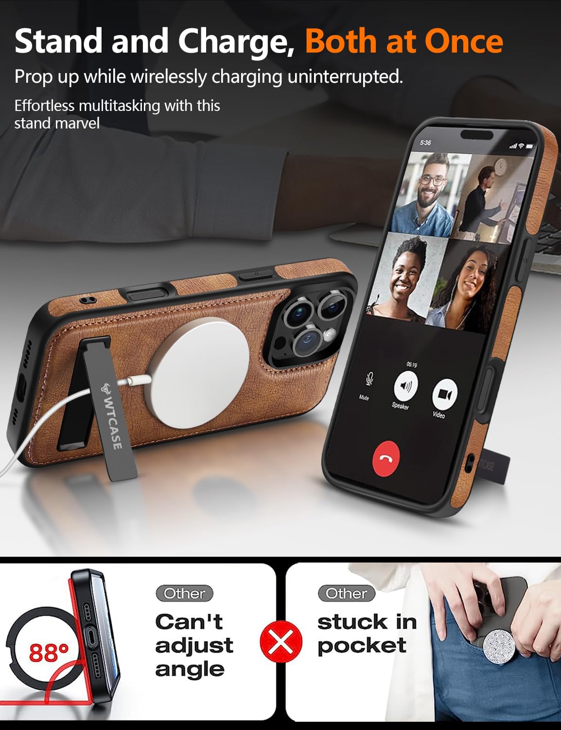 WTCASE Magnetic for iPhone 16 Pro Max Leather Case,Built-in Invisible Stand [Compatible with Magsafe] Protective Slim Kickstand Phone Cover Compatible with iPhone 16 Pro Max (2024) 6.9" (Brown)