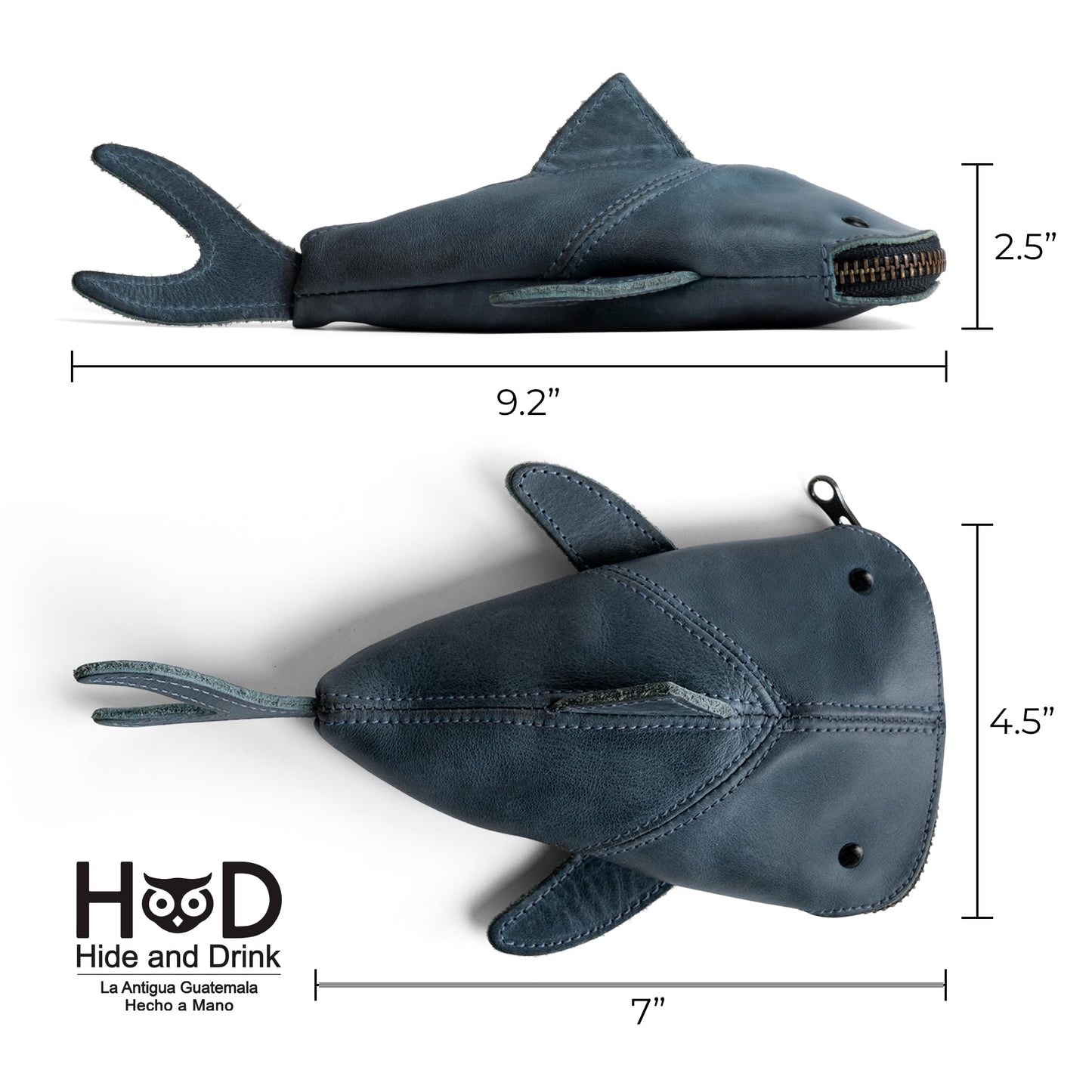 Hide & Drink, Full Grain Leather Zipper Coin Pouch, Change Bag, Pencil Purse, Scissors Case, Shark Shaped Cable Holder, Wallet, Makeup, Stuffed Animal, Handmade, Slate Blue