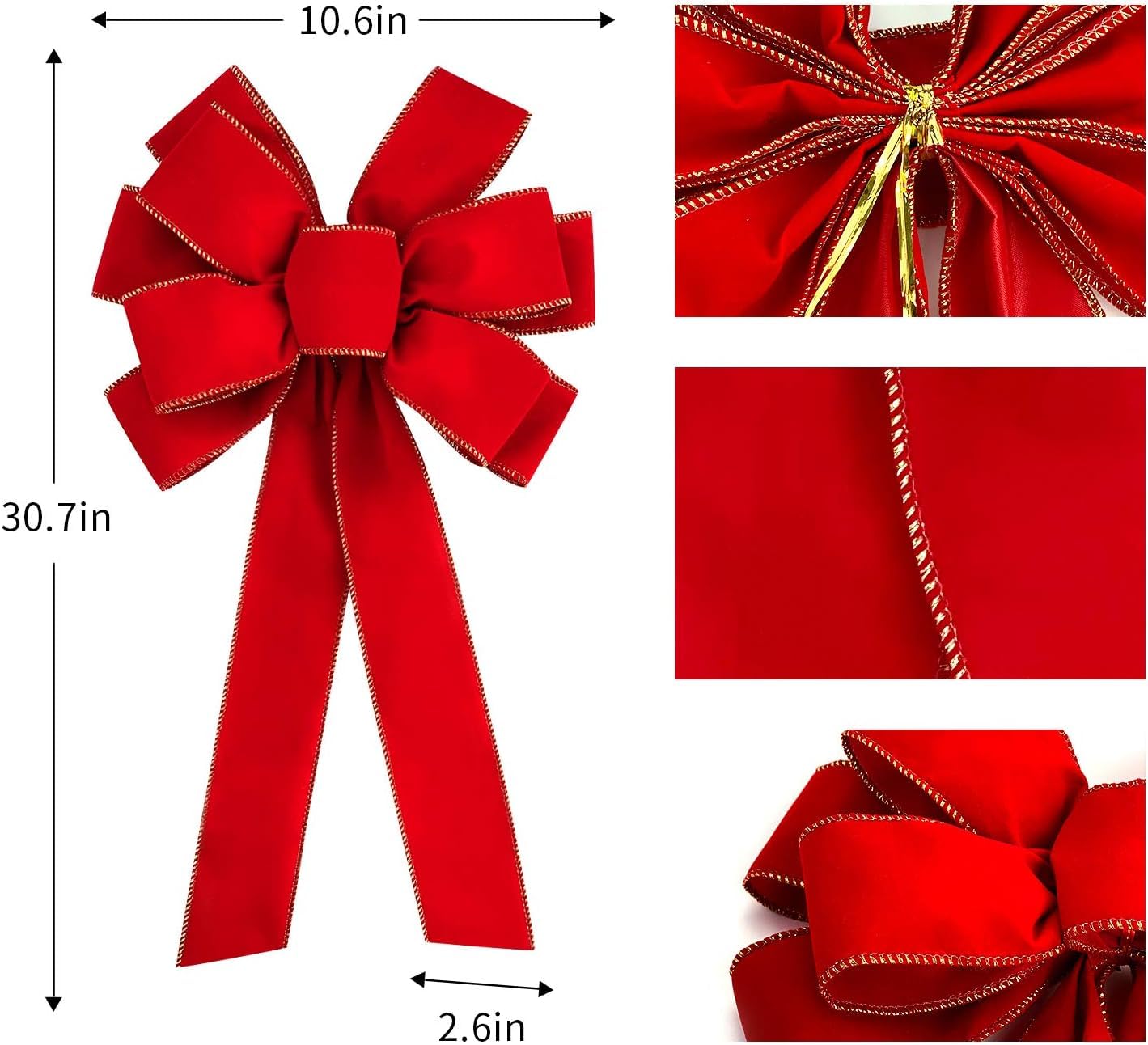 Iceyyyy 8 Pcs Large Christmas Bow-30.7" x 10.6" Christmas Golden Edged Red Velvet Bow-Christmas Tree Topper Ornament Bow for Xmas Home Wreath Decoration