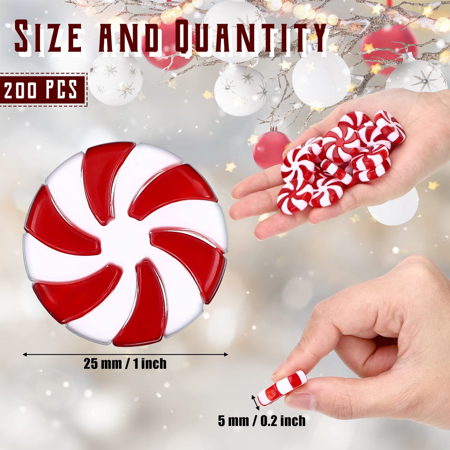 200 Pcs 25 mm Fake Christmas Candy Cane Peppermint Ornaments for Christmas Tree Decorations Xmas Candy Decor Ornaments Craft for DIY Crafts (Red White)