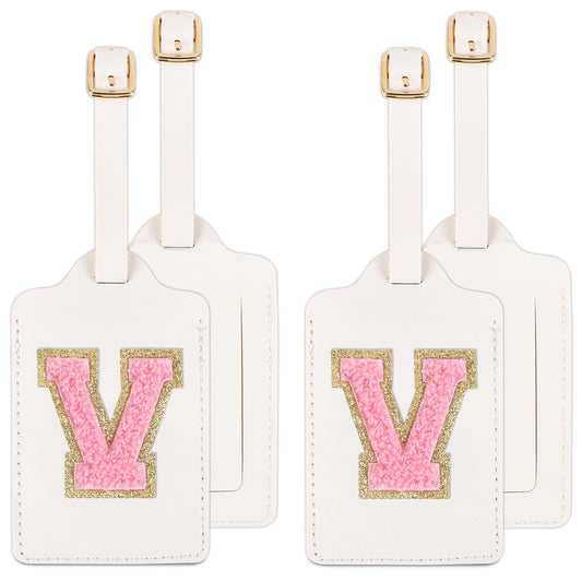 2 PACK Initial Letter Luggage Tag V for Suitcases TSA Approved, PU Leather Personalized A-Z Luggage Tags with Privacy Cover Name Card, White Cute Monogrammed Funny Backpack Tag for Women Kid(Letter V)