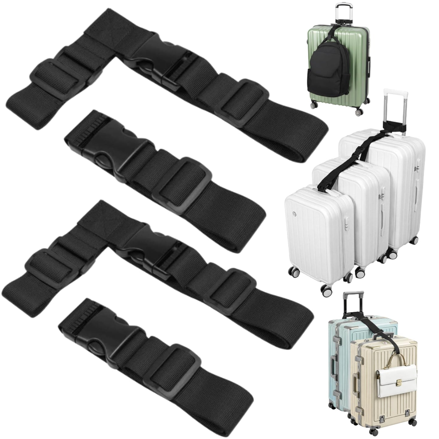 Sadnyy 4 Pack Luggage Straps for Suitcases, Adjustable Travel Belt to Add a Bag, Suitcase Connector Straps for Carry on Luggage Bungee Elastic Travel Accessories with Backpack Attachment (Basic Style)