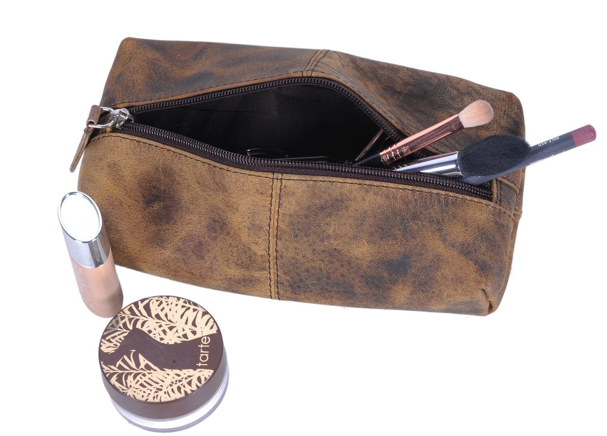 KomalC Genuine Buffalo Leather Zip-Lock Cosmetic & Pencil Pouch – Versatile Makeup and Stationery Case