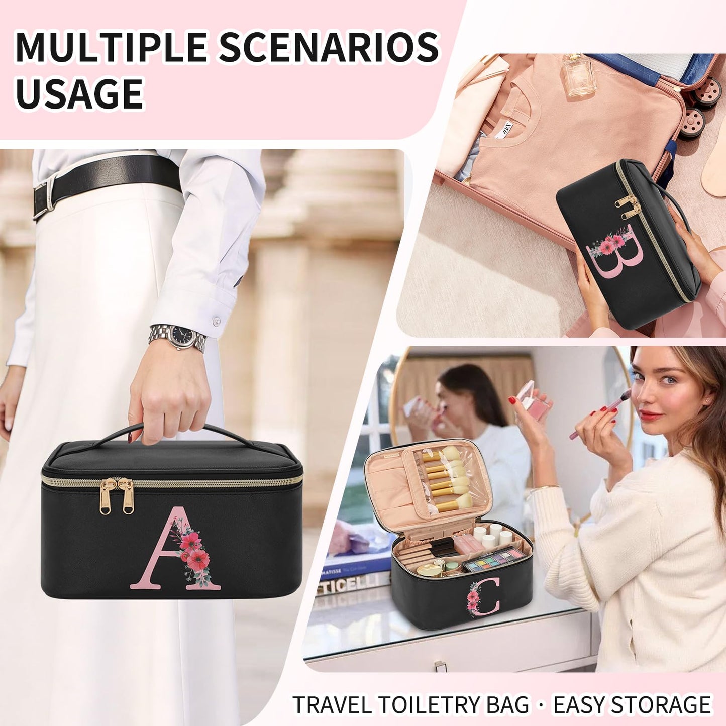 OCHEAL Initial Makeup Bag,Monogram Make up Bag Black Travel Makeup Organizer Case Beauty Toiletry Cosmetic Bag with Brush Holder, Trendy Stuff Personalized Gifts for Women and Girls-A