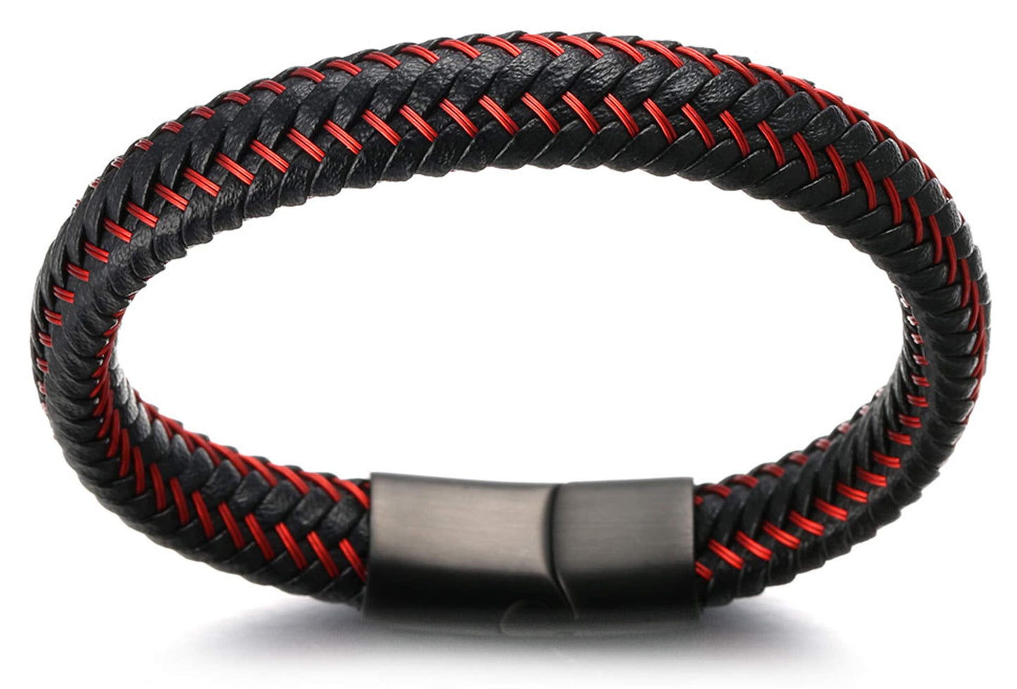 Halukakah ● Jazz ● Men's Genuine Black Leather Bracelet Black Titanium Magnetic Clasp 8.5" Free Giftbox (Maserati Red 8.5 inches)