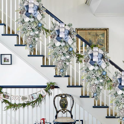 30" Christmas Teardrop Swag for Front Door Artificial Winter Swag Garland with Pine Cones, Berry Clusters, Blue Ball Ornaments and Ribbons for Thanksgiving Holiday Christmas Decoration