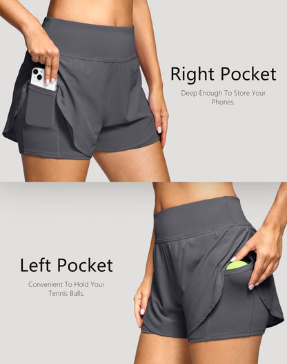 Soothfeel Women's 2 in 1 Running Shorts - High Waisted Lightweight Athletic Workout Gym Yoga Shorts Spandex Liner with Pockets Dark_Grey M